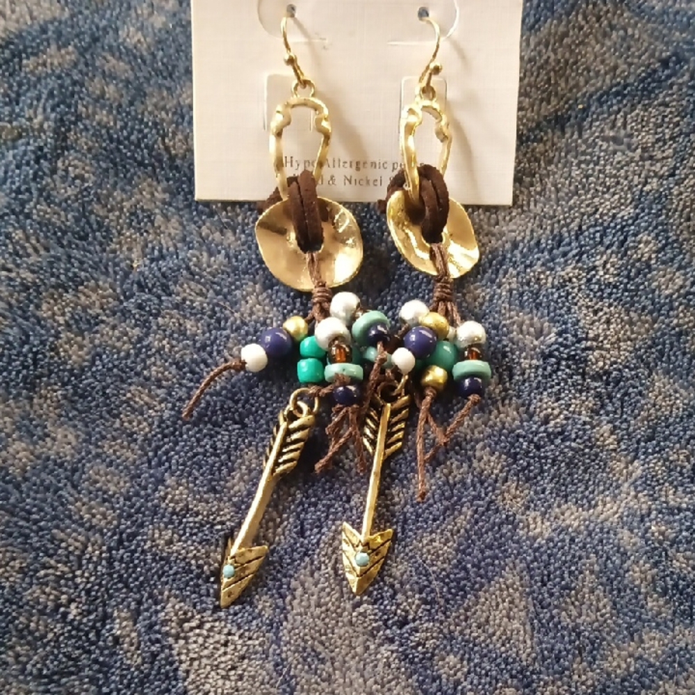 Bohemian Gold and Blue Beaded Arrow Earrings